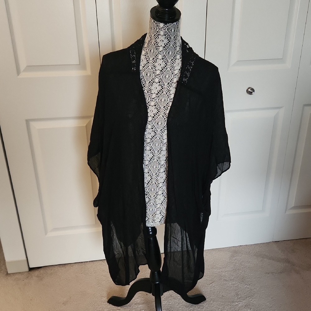 Black Kimono Cardigan With Crocheted Details